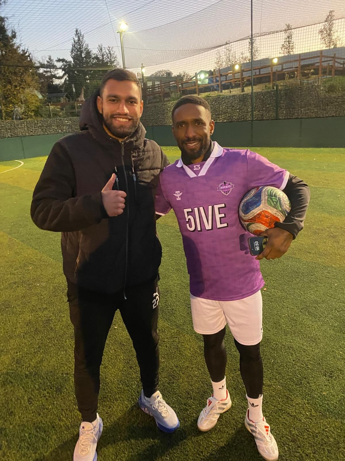 Coach Rafaz with Jermain Defoe on a 5-a-side pitch.